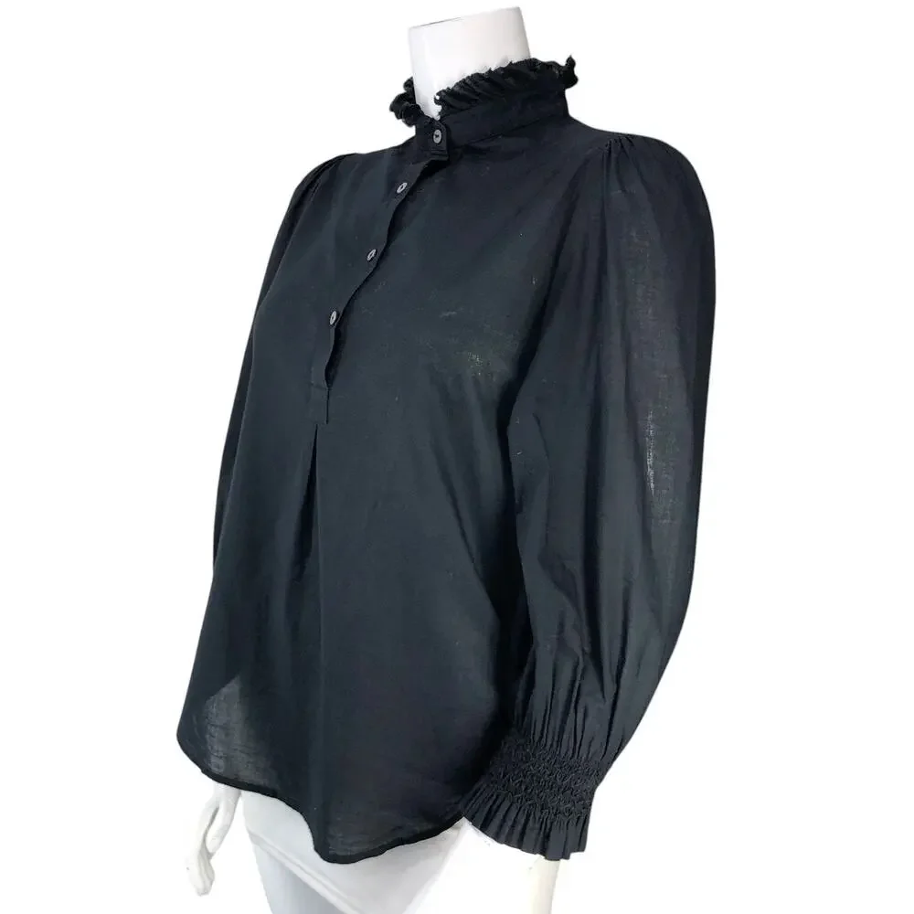 Tuckernuck Blouse Womens L Ruffle High Neck Puff Sleeve Smocked Cuff Black